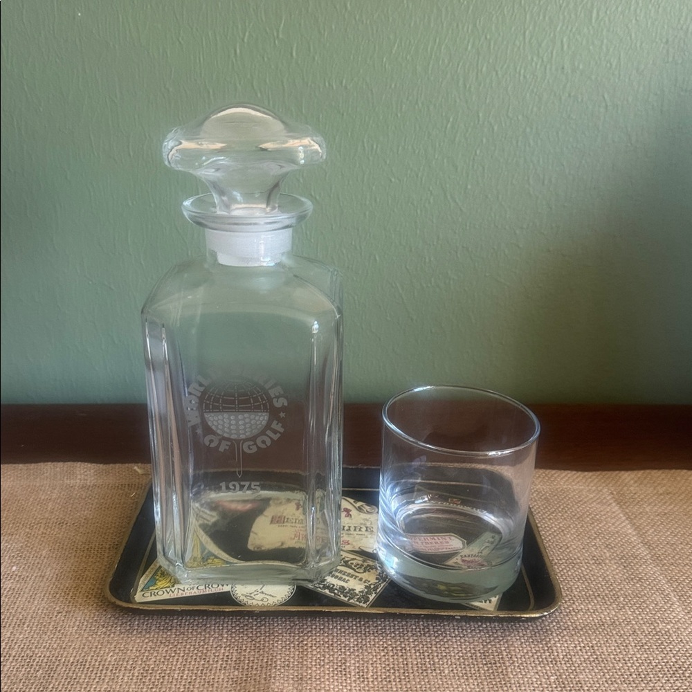 Vintage 1975 World Series of Golf Glass Decanter with Stopper Barware
